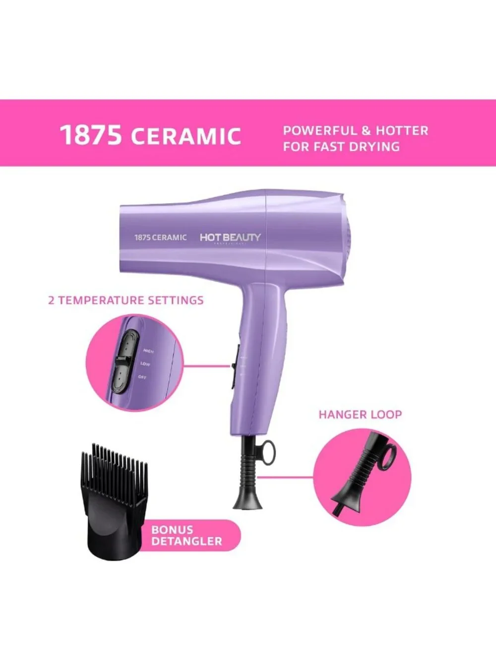 Powerful 1875W Ceramic Hair Dryer, Fast Drying, Multi-Setting, Comb & Detangler